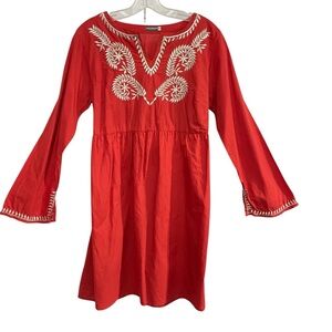 Earthbound Trading Co Red Embroidered Boho Tunic Dress Bell Sleeve 100% Cotton M